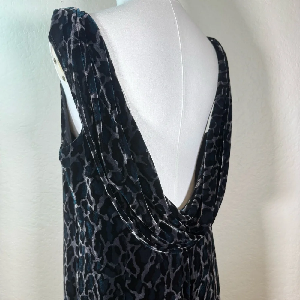 Vintage Opera at Richards Blue Animal Print Velvet Maxi Plunge Dress Size 16 UK